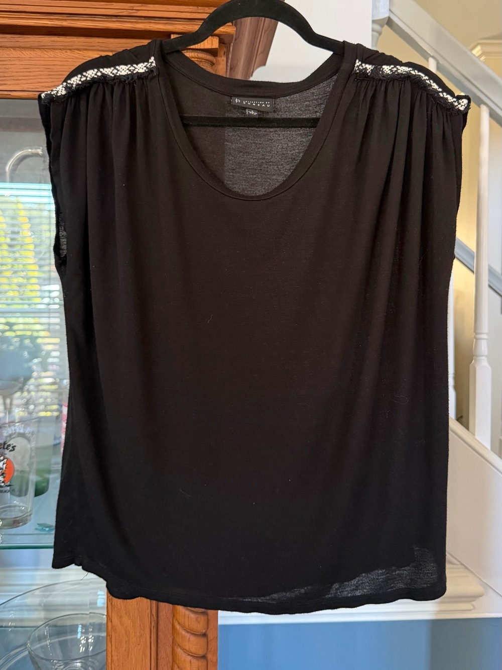 bobeau Black Short-Sleeve Top with Beaded Shoulder Detail